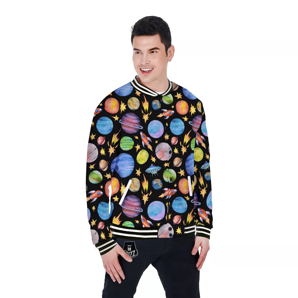 Rocket Watercolor Print Pattern Baseball Jacket-grizzshop