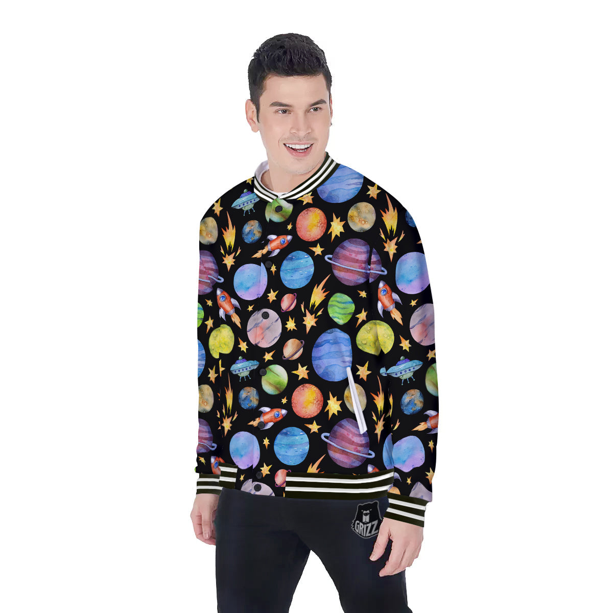 Rocket Watercolor Print Pattern Baseball Jacket-grizzshop