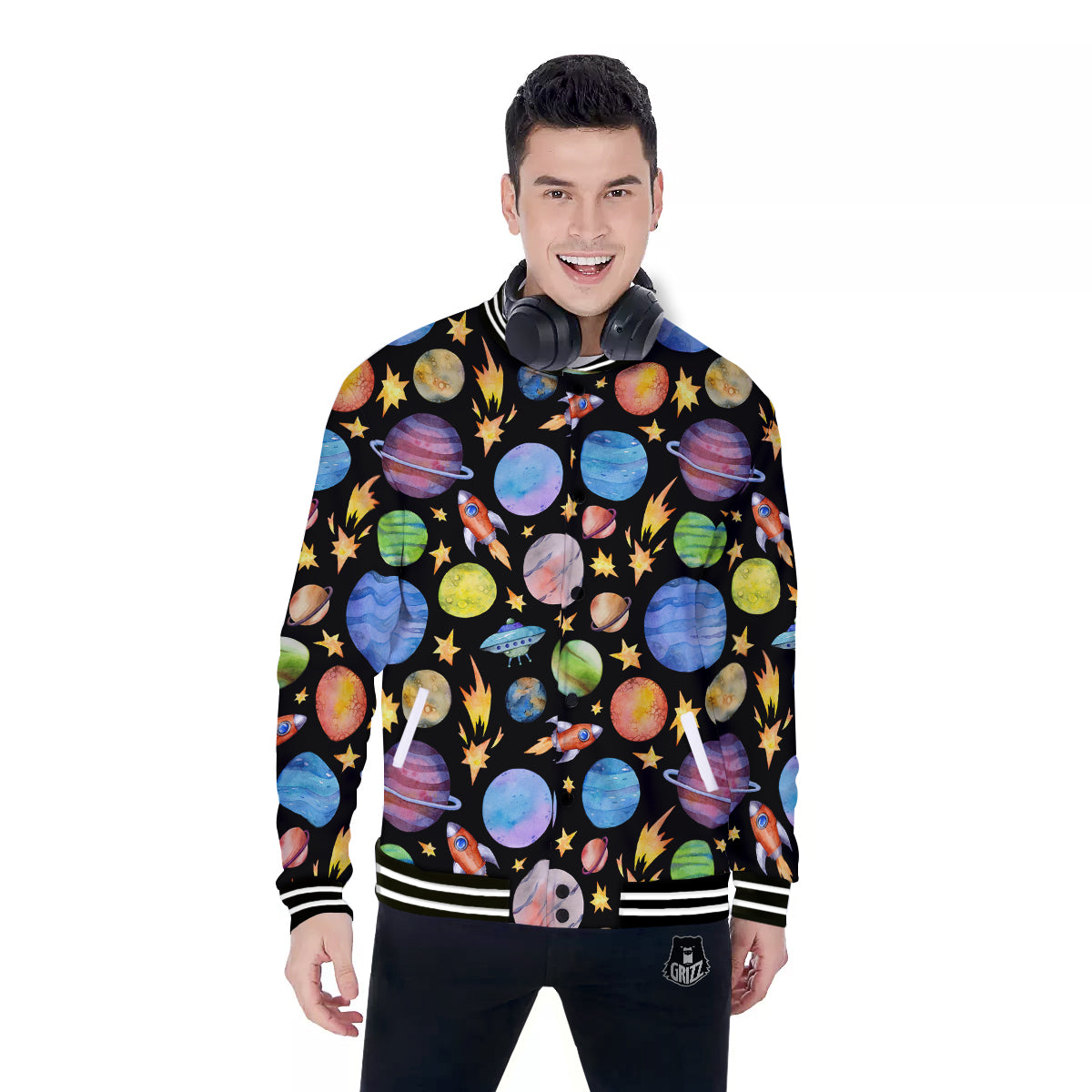 Rocket Watercolor Print Pattern Baseball Jacket-grizzshop