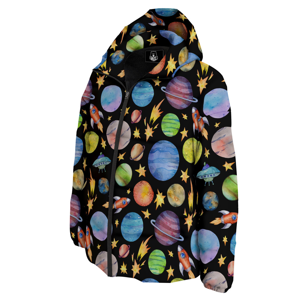Rocket Watercolor Print Pattern Down Jacket-grizzshop