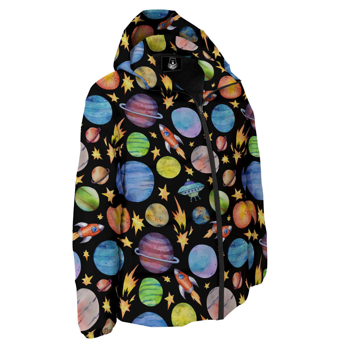 Rocket Watercolor Print Pattern Down Jacket-grizzshop