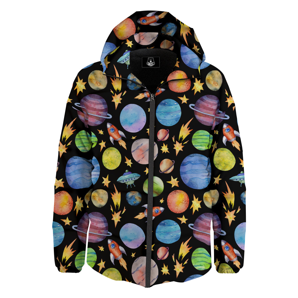 Rocket Watercolor Print Pattern Down Jacket-grizzshop