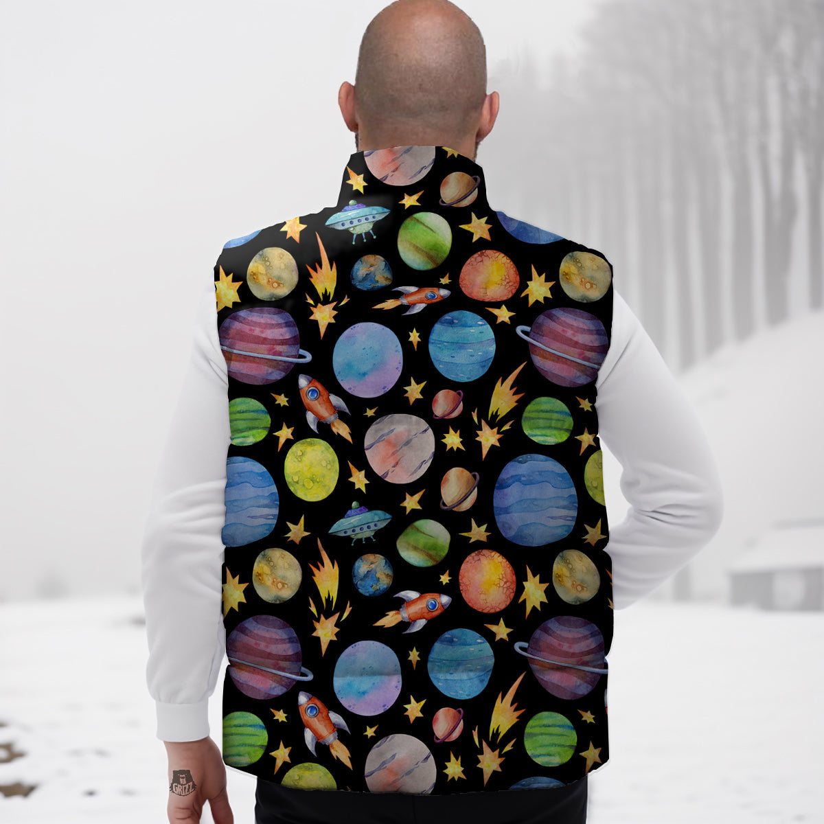Rocket Watercolor Print Pattern Down Vest-grizzshop
