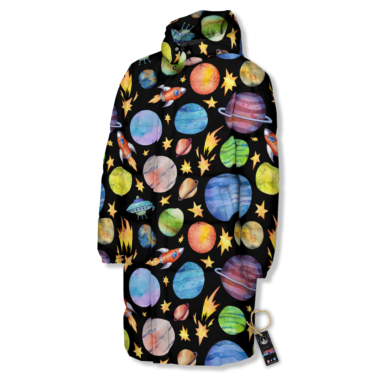 Rocket Watercolor Print Pattern Long Down Jacket-grizzshop