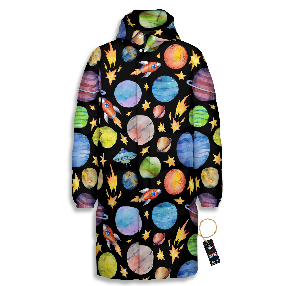 Rocket Watercolor Print Pattern Long Down Jacket-grizzshop