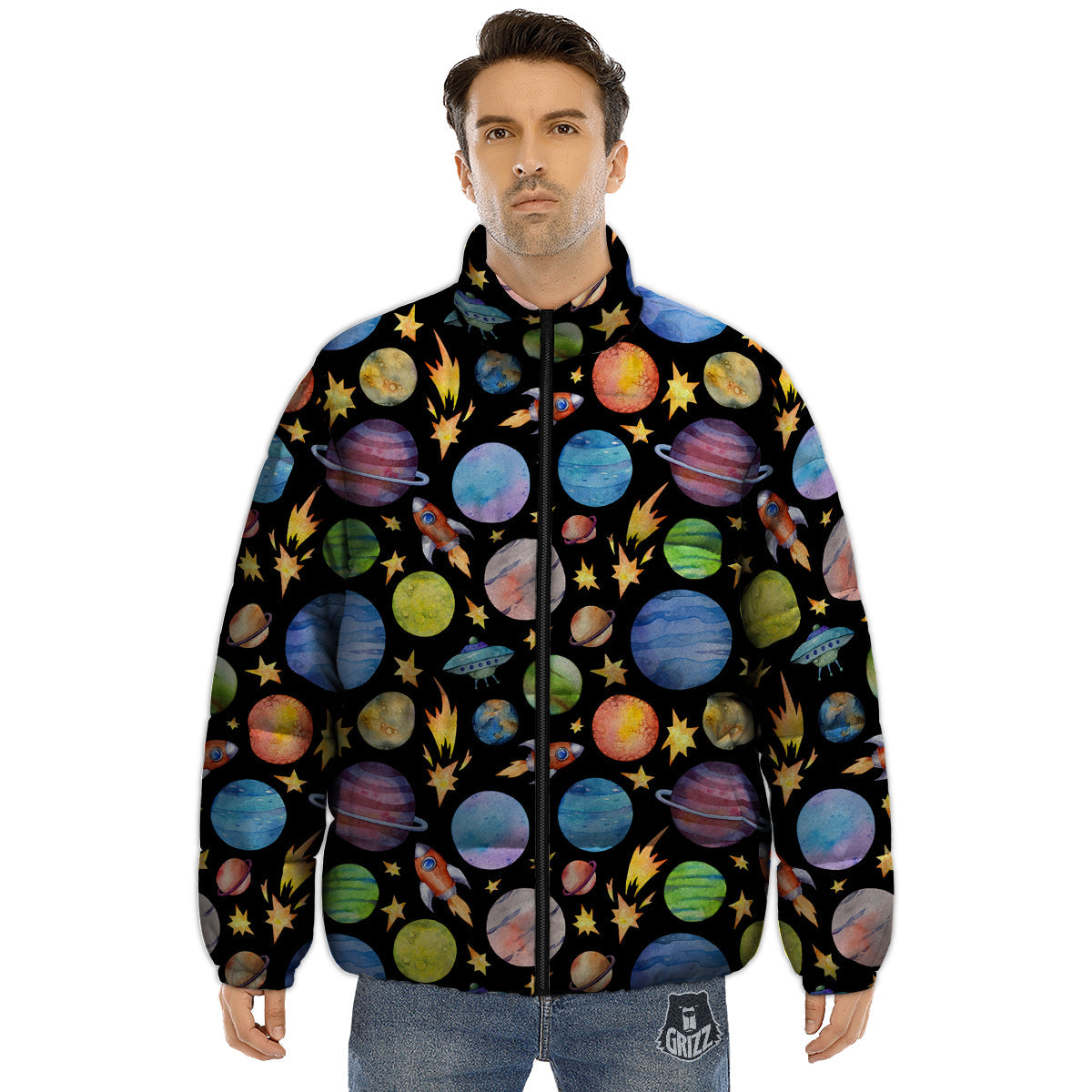Rocket Watercolor Print Pattern Puffer Jacket-grizzshop