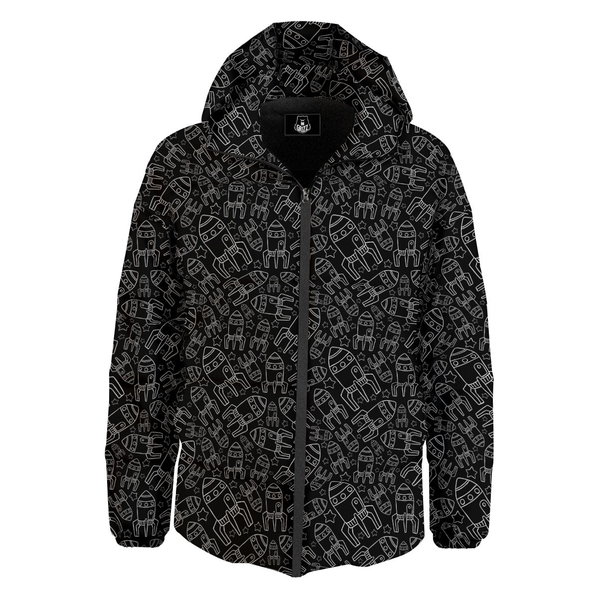 Rocket White And Black Print Pattern Down Jacket-grizzshop