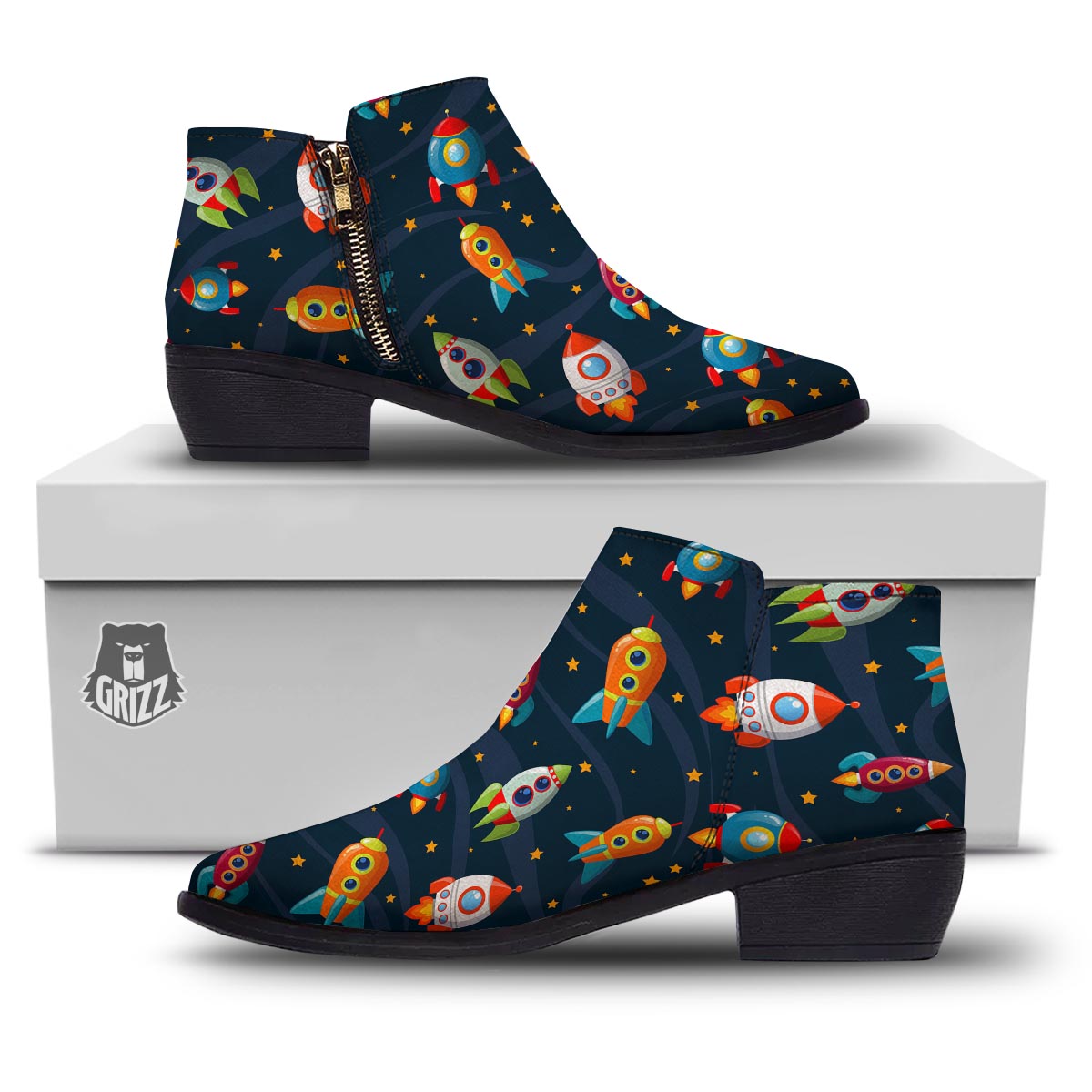 Rockets Space Print Pattern Ankle Boots-grizzshop