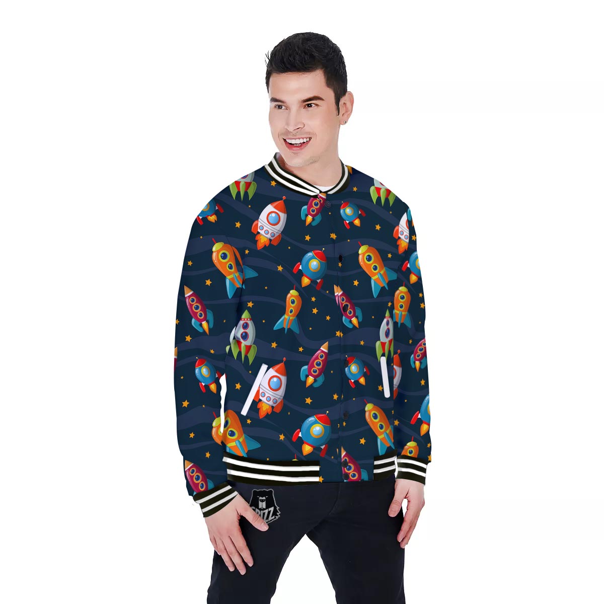 Rockets Space Print Pattern Baseball Jacket-grizzshop