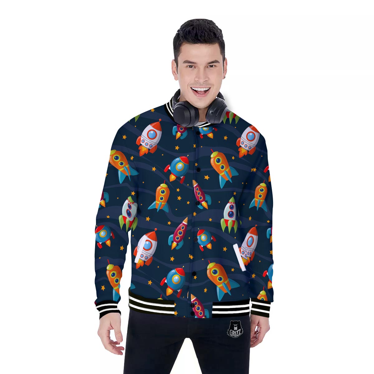 Rockets Space Print Pattern Baseball Jacket-grizzshop