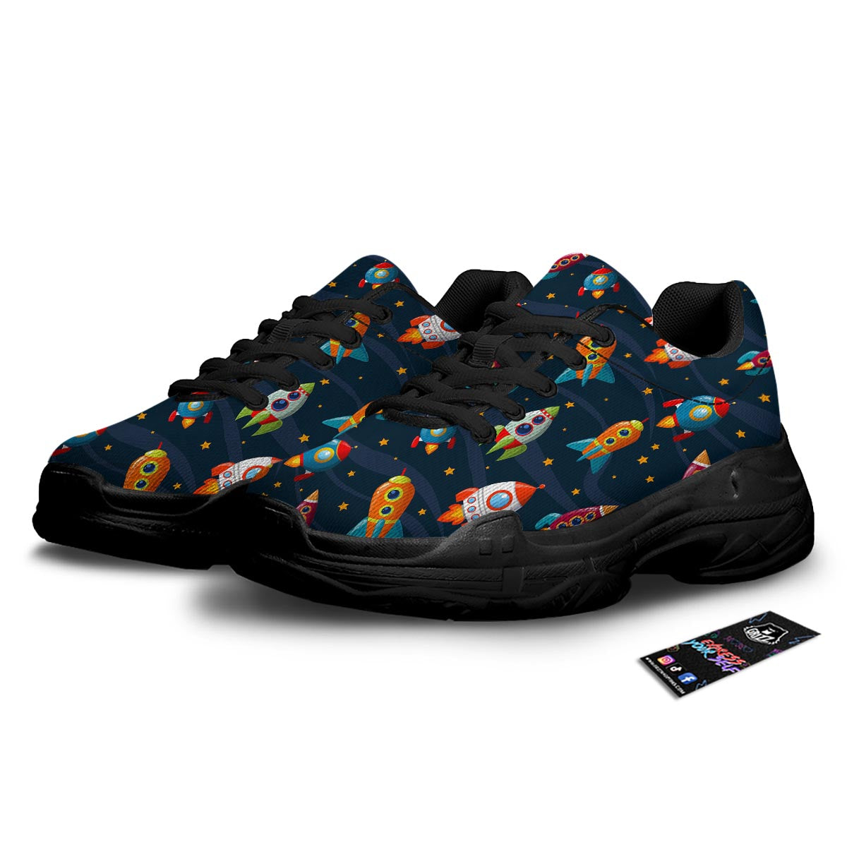 Rockets Space Print Pattern Black Chunky Shoes-grizzshop