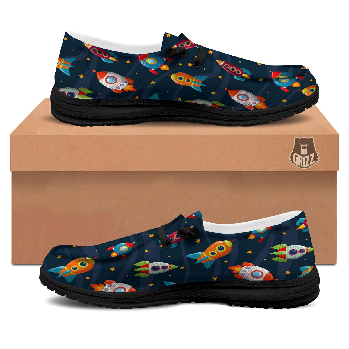Rockets Space Print Pattern Black Loafers-grizzshop