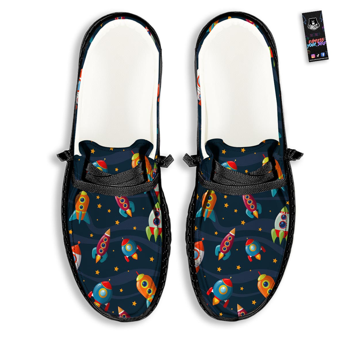 Rockets Space Print Pattern Black Loafers-grizzshop