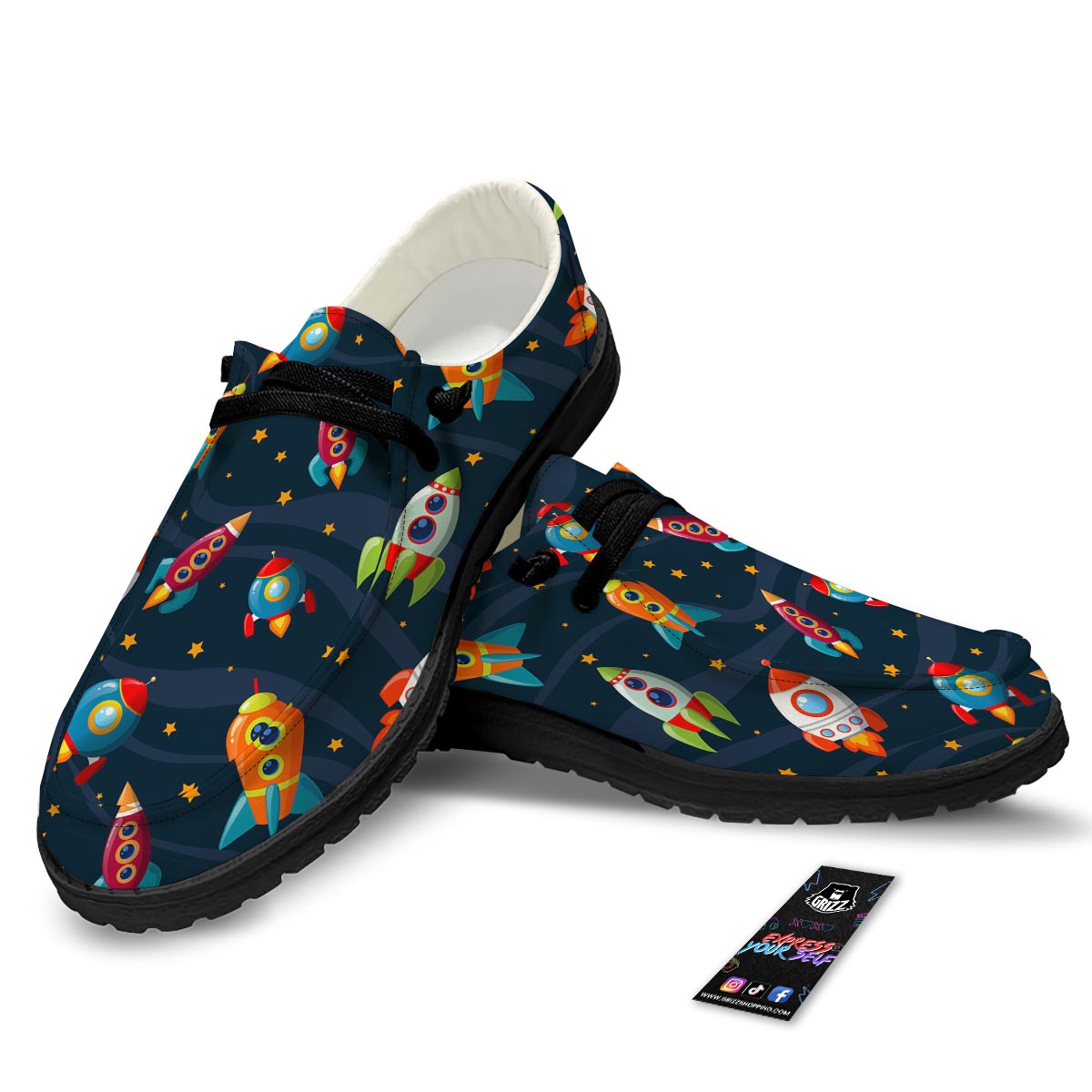 Rockets Space Print Pattern Black Loafers-grizzshop