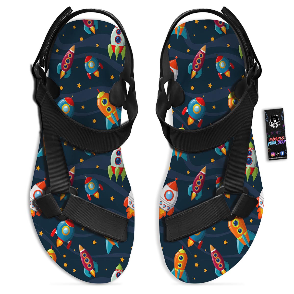 Rockets Space Print Pattern Black Open Toe Sandals-grizzshop