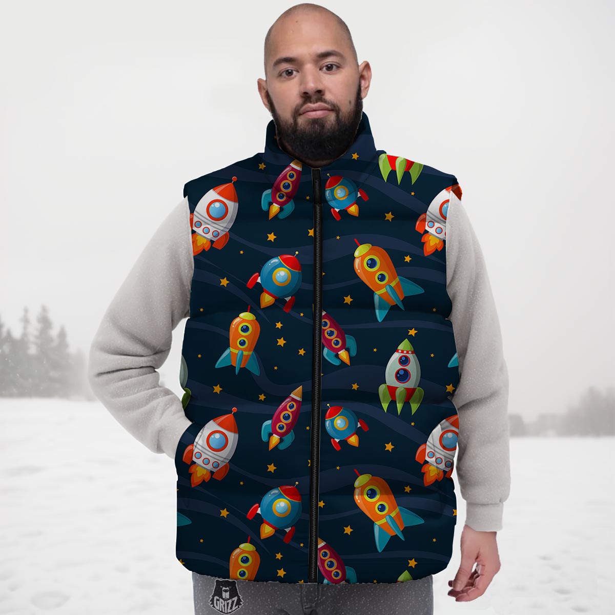 Rockets Space Print Pattern Down Vest