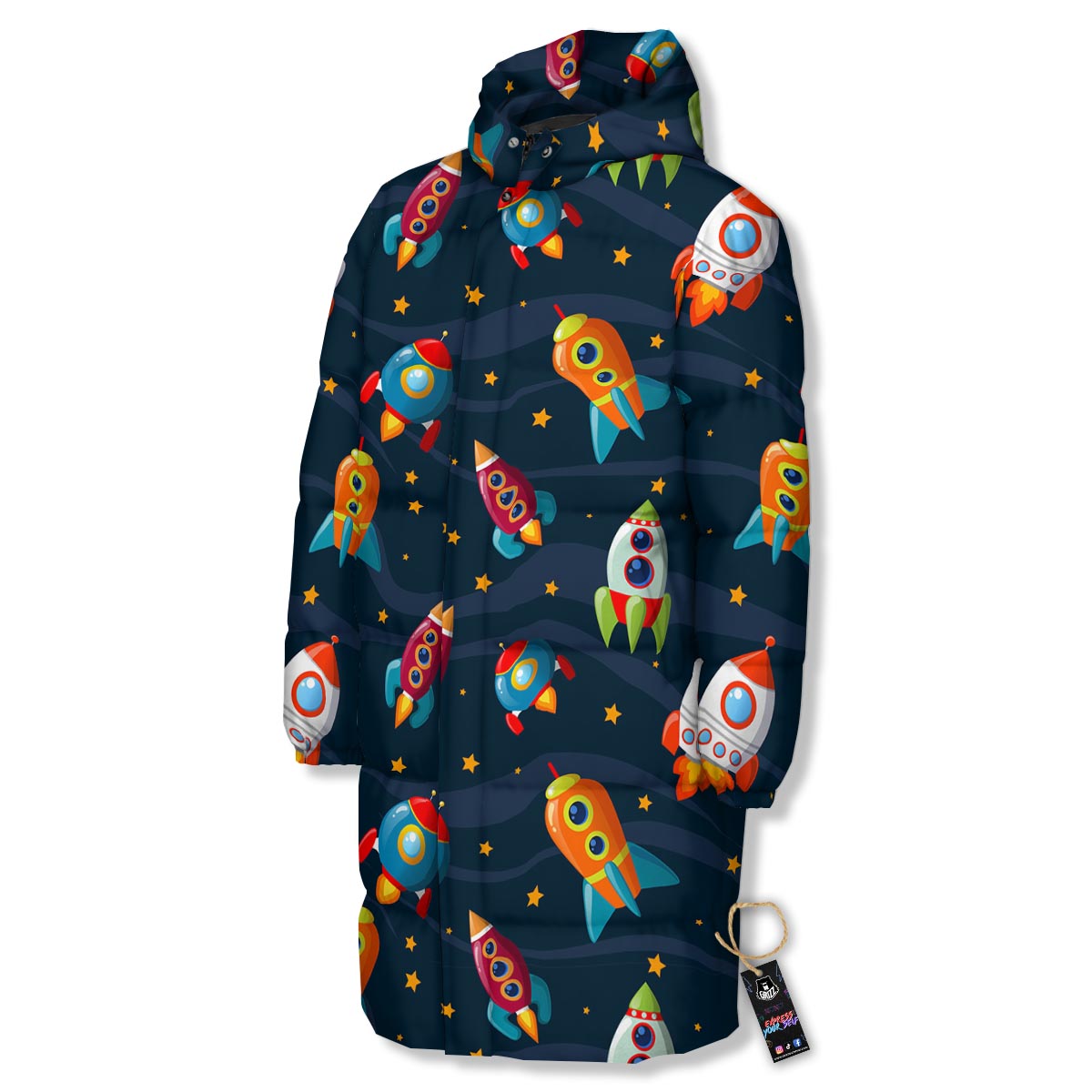 Rockets Space Print Pattern Long Down Jacket-grizzshop