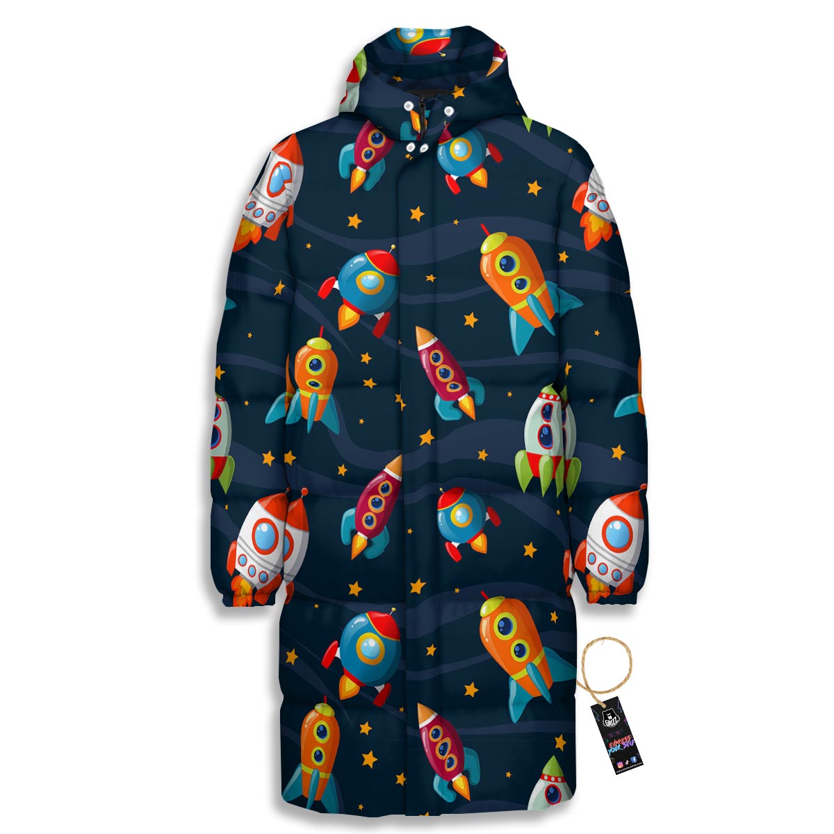 Rockets Space Print Pattern Long Down Jacket-grizzshop