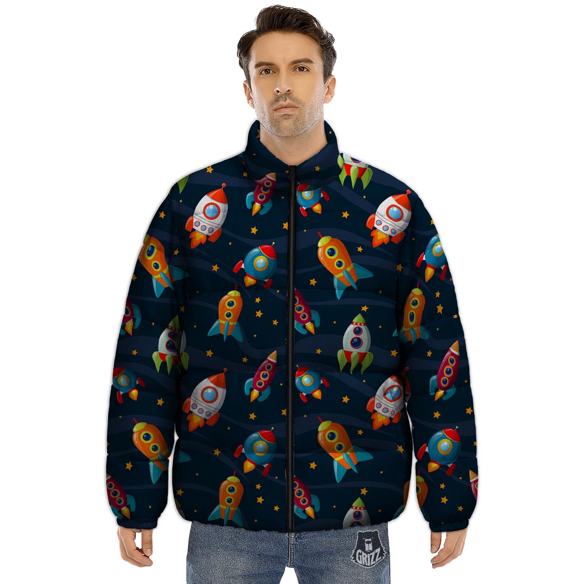 Rockets Space Print Pattern Puffer Jacket-grizzshop
