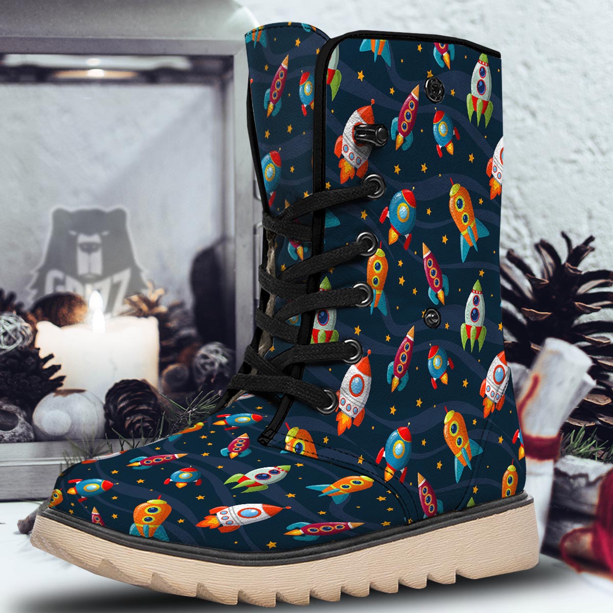 Rockets Space Print Pattern Snow Boots-grizzshop
