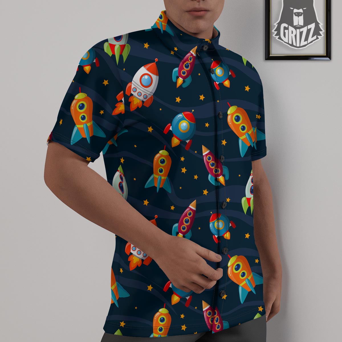 Rockets Space Print Pattern Untucked Shirts-grizzshop