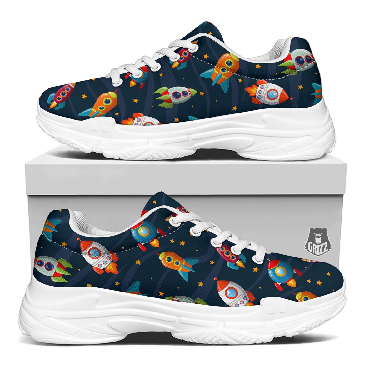 Rockets Space Print Pattern White Chunky Shoes-grizzshop
