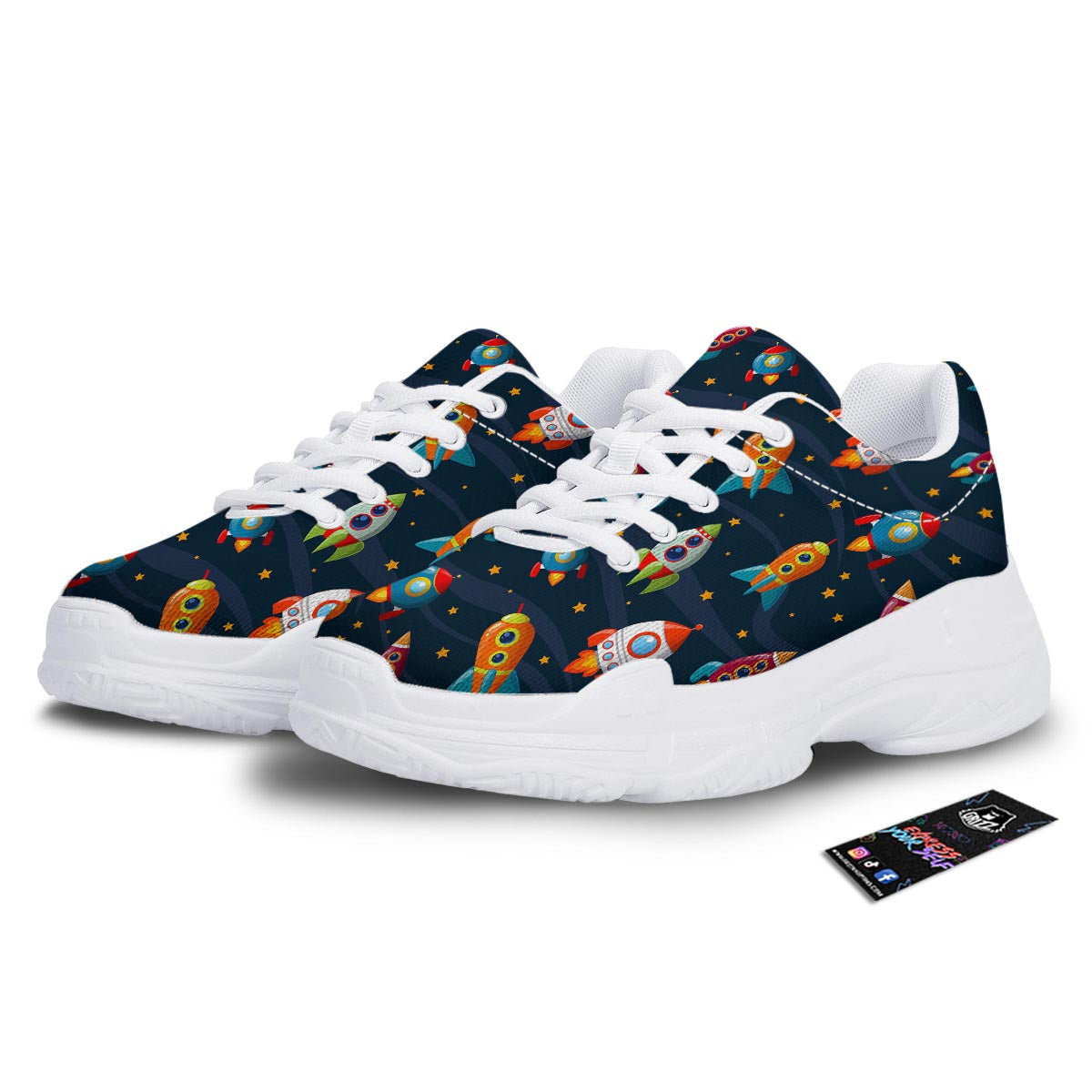 Rockets Space Print Pattern White Chunky Shoes-grizzshop