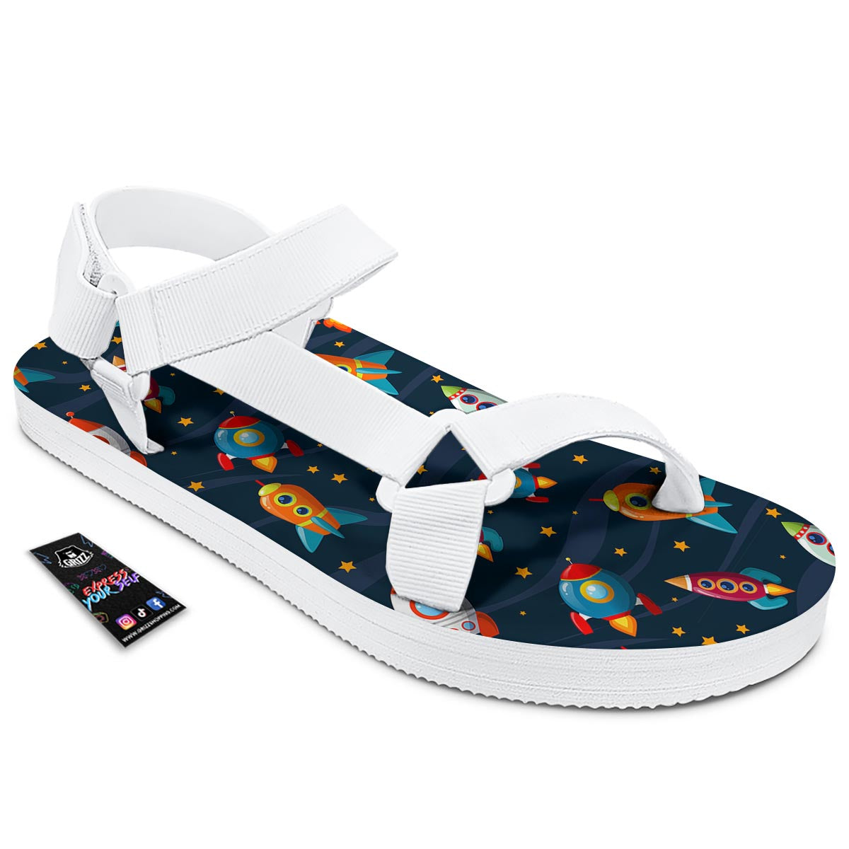 Rockets Space Print Pattern White Open Toe Sandals-grizzshop