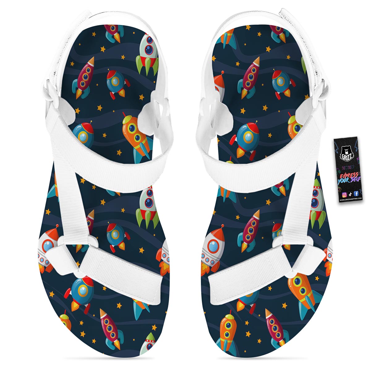 Rockets Space Print Pattern White Open Toe Sandals-grizzshop