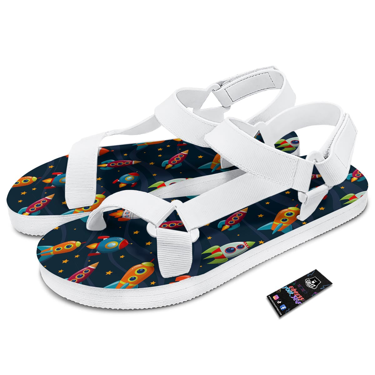 Rockets Space Print Pattern White Open Toe Sandals-grizzshop