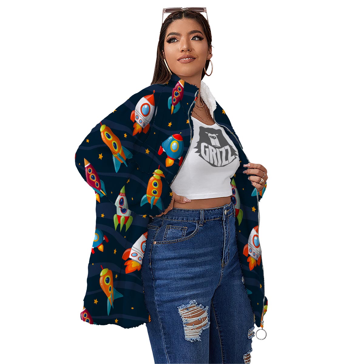 Rockets Space Print Pattern Women's Sherpa Jacket-grizzshop