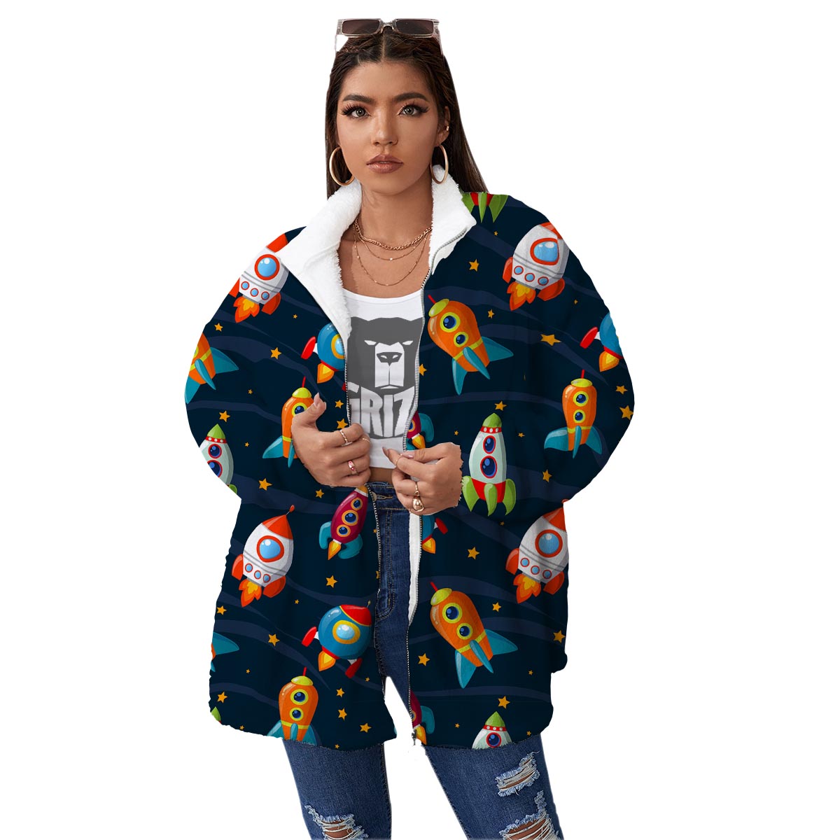 Rockets Space Print Pattern Women's Sherpa Jacket-grizzshop
