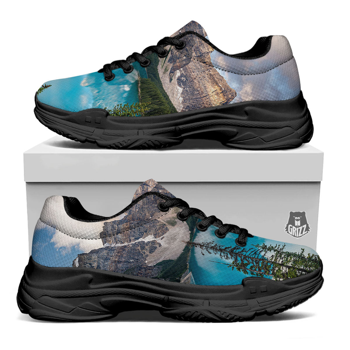 Rocky Mountain Print Black Chunky Shoes-grizzshop