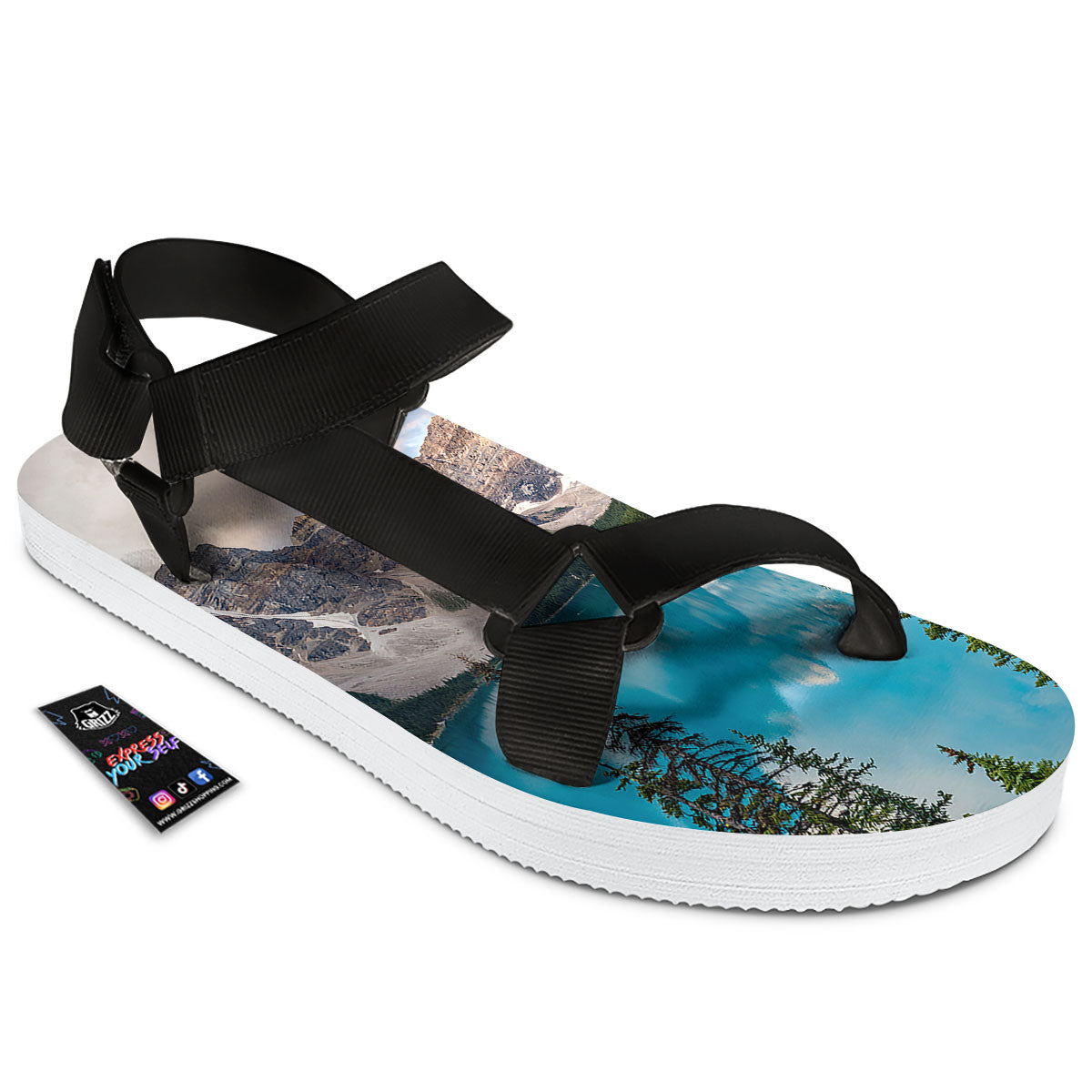 Rocky Mountain Print Black Open Toe Sandals-grizzshop