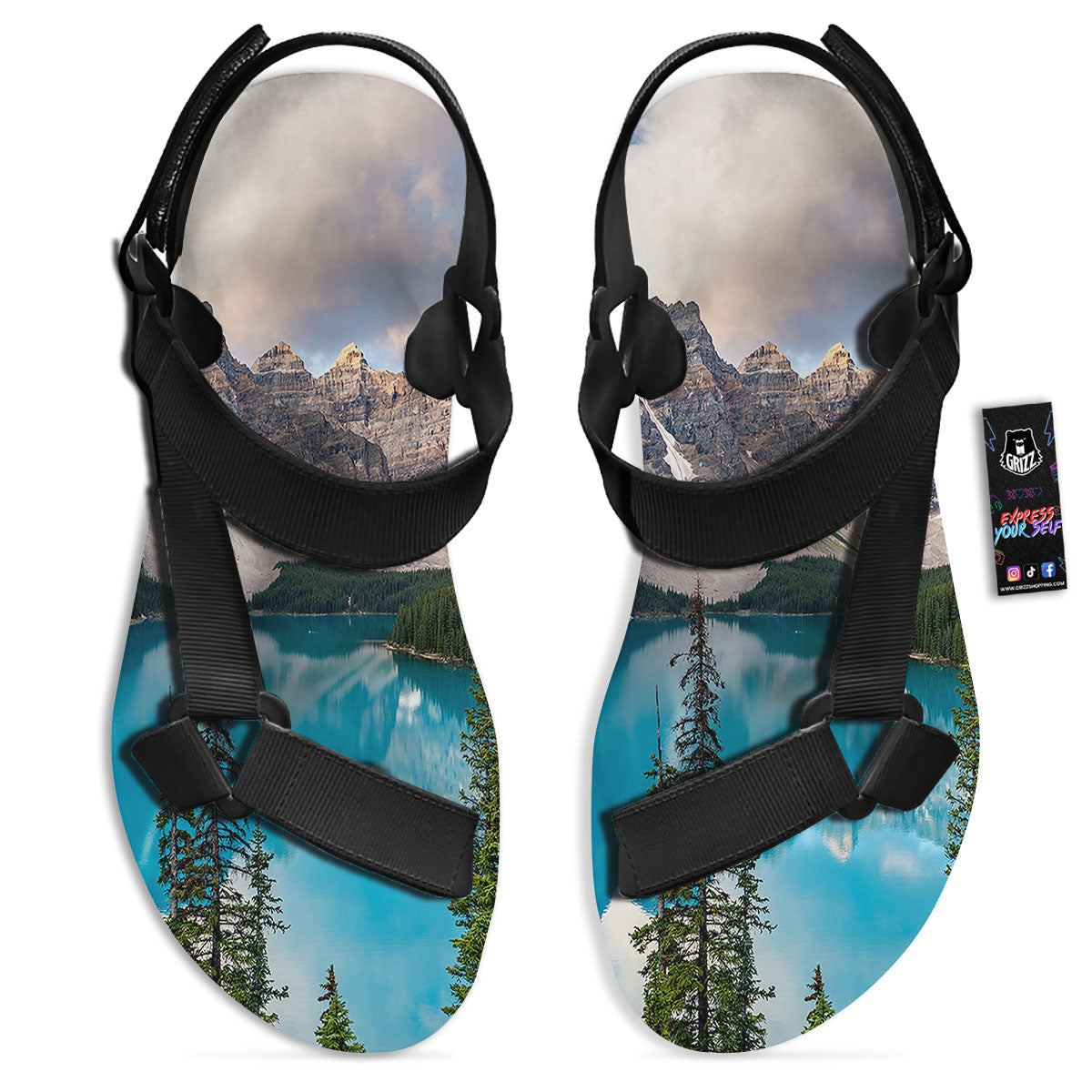 Rocky Mountain Print Black Open Toe Sandals-grizzshop