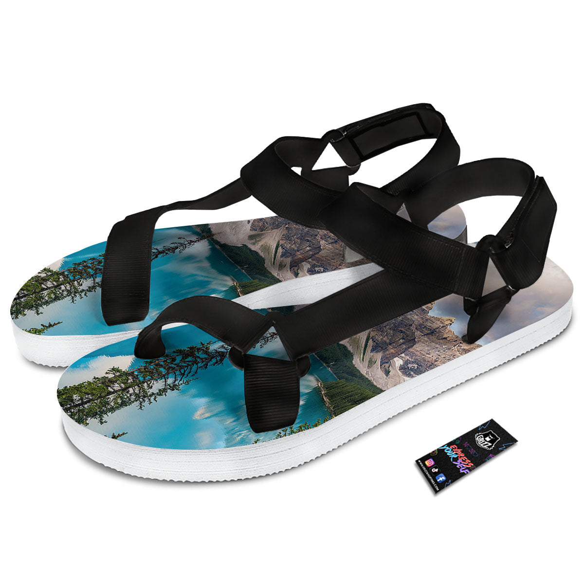 Rocky Mountain Print Black Open Toe Sandals-grizzshop