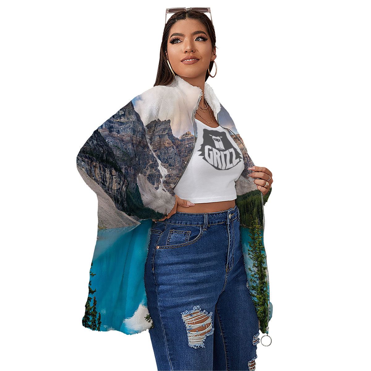 Rocky Mountain Print Women's Sherpa Jacket-grizzshop