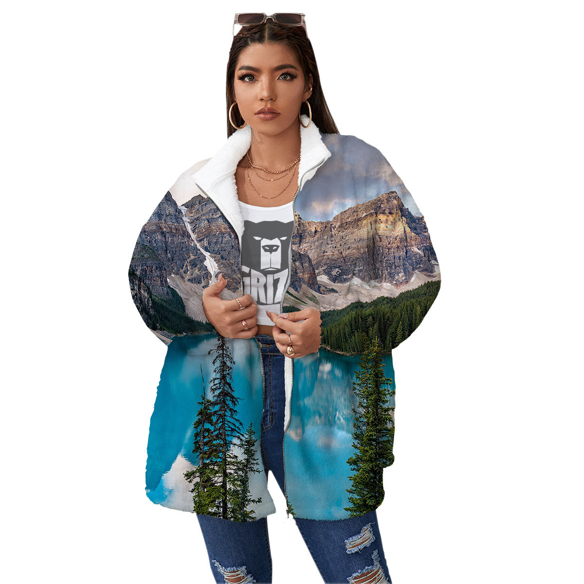Rocky Mountain Print Women's Sherpa Jacket-grizzshop