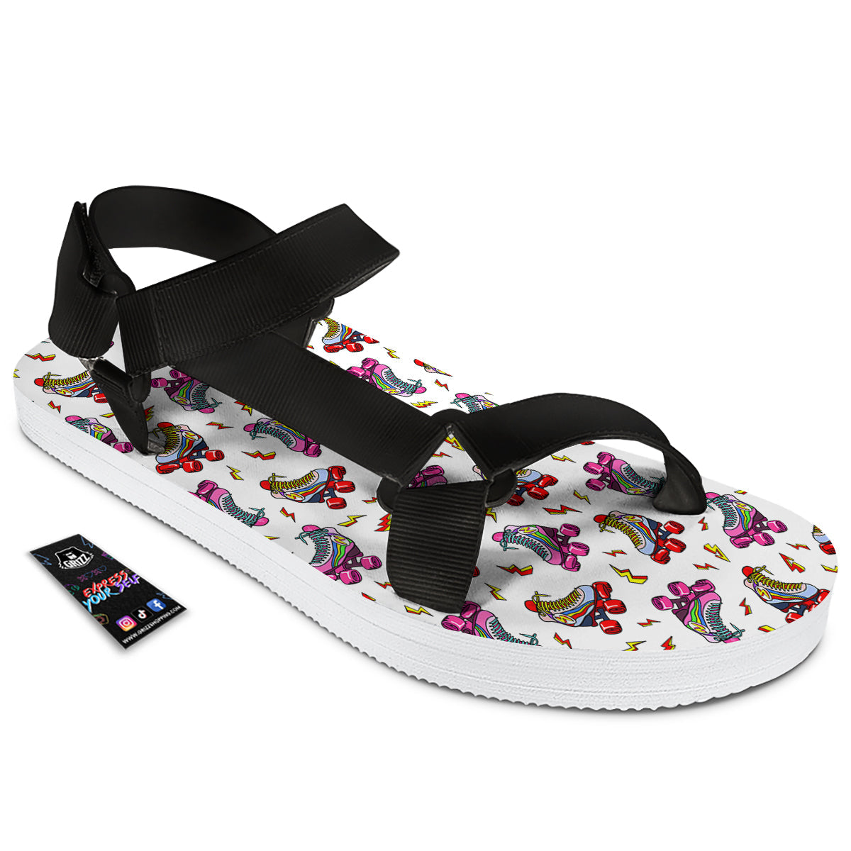 Roller Skates Lightning Print Pattern Black Open Toe Sandals-grizzshop