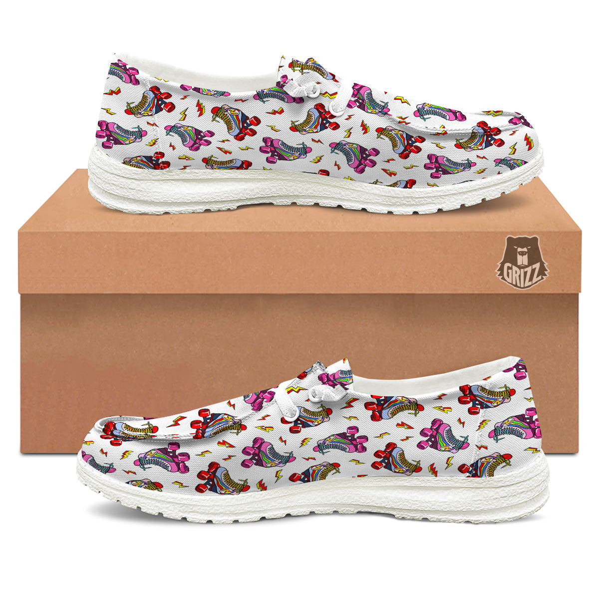 Roller Skates Lightning Print Pattern White Loafers-grizzshop