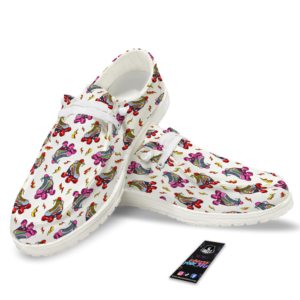 Roller Skates Lightning Print Pattern White Loafers-grizzshop