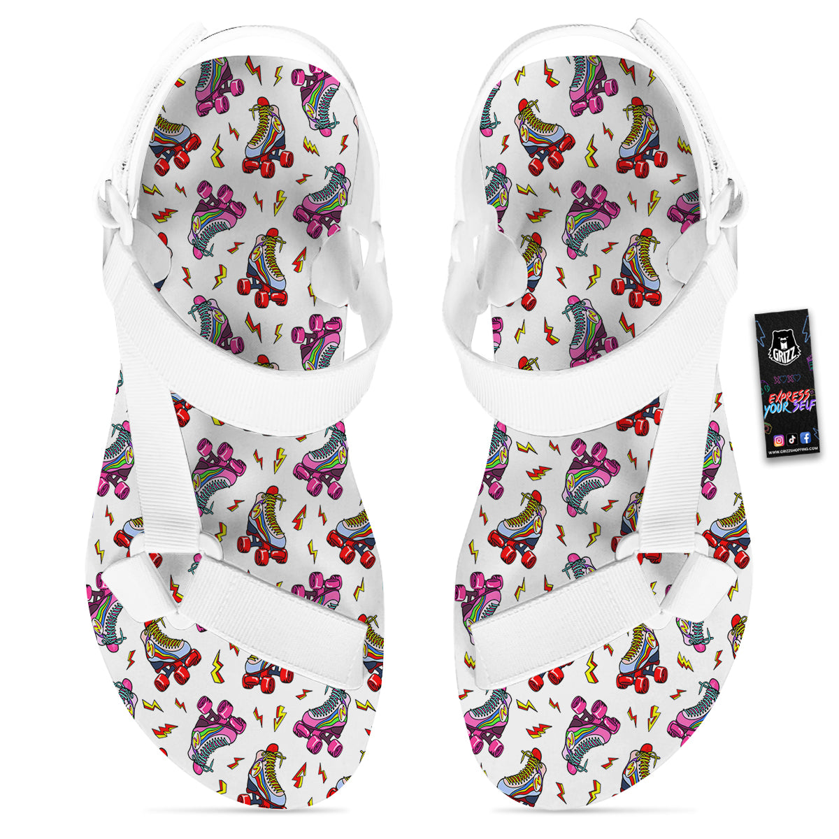 Roller Skates Lightning Print Pattern White Open Toe Sandals-grizzshop