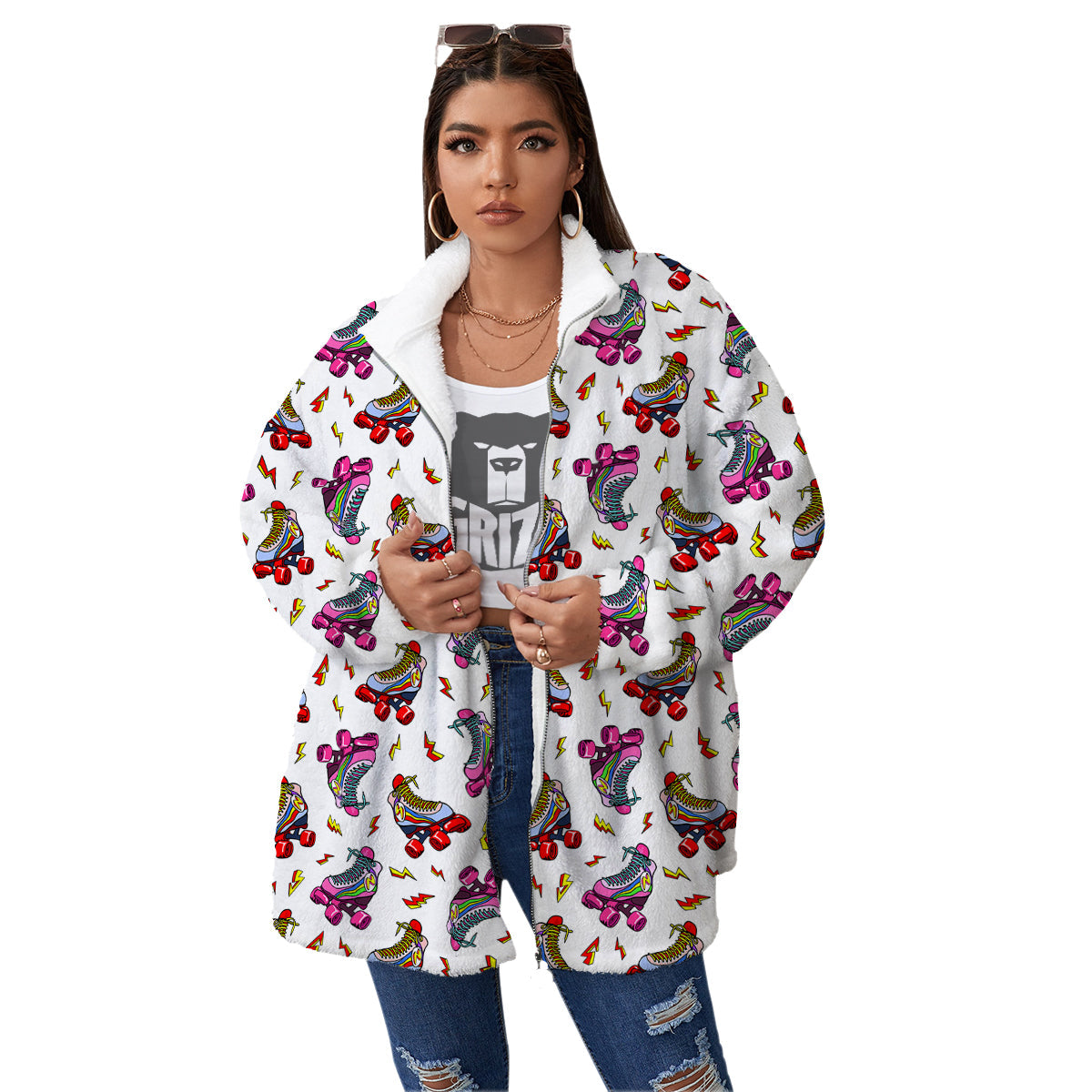 Roller Skates Lightning Print Pattern Women's Sherpa Jacket-grizzshop