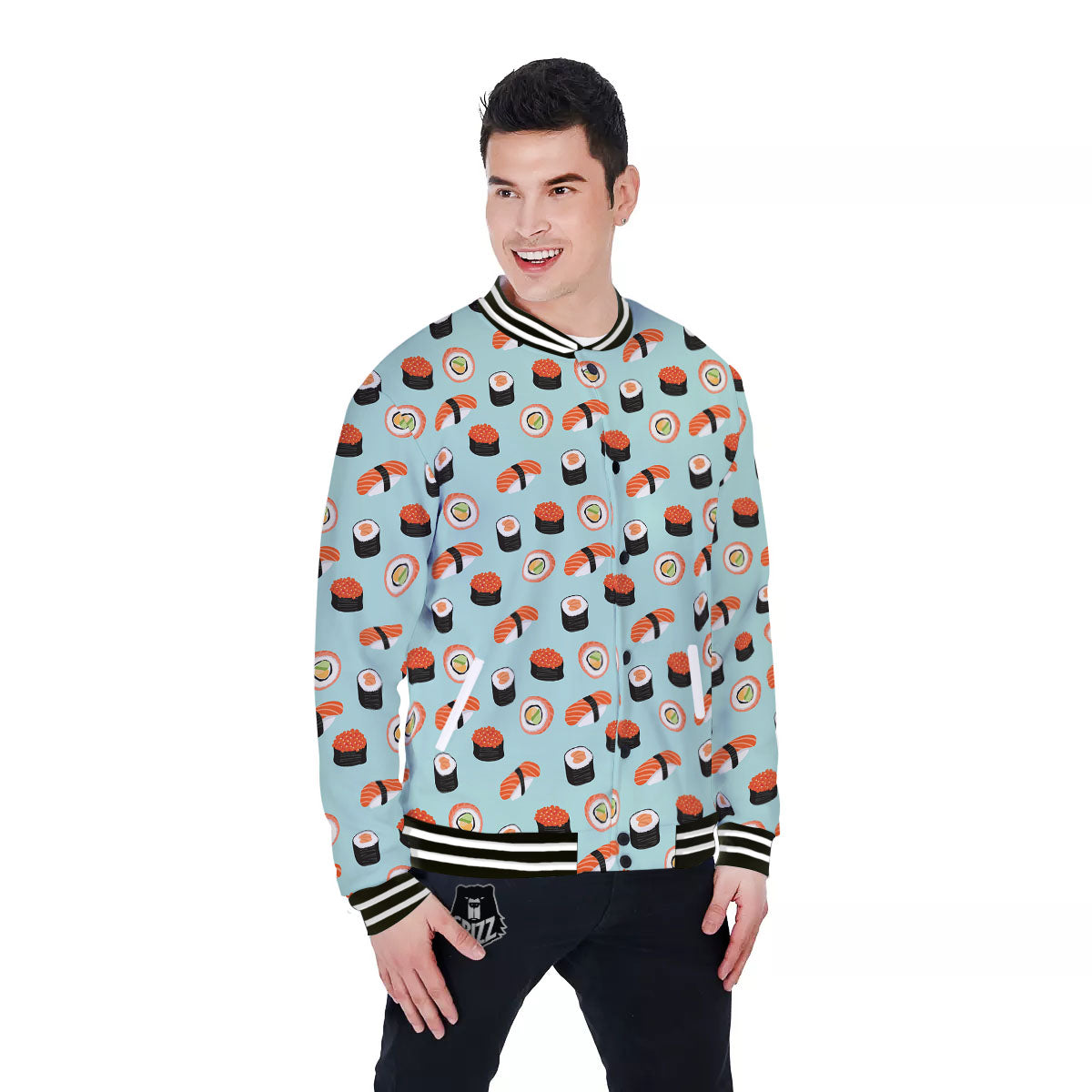 Rolls And Japanese Sushi Print Pattern Baseball Jacket-grizzshop