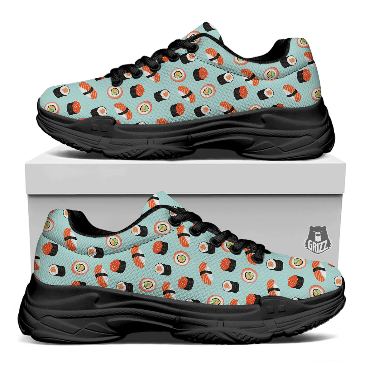 Rolls And Japanese Sushi Print Pattern Black Chunky Shoes-grizzshop