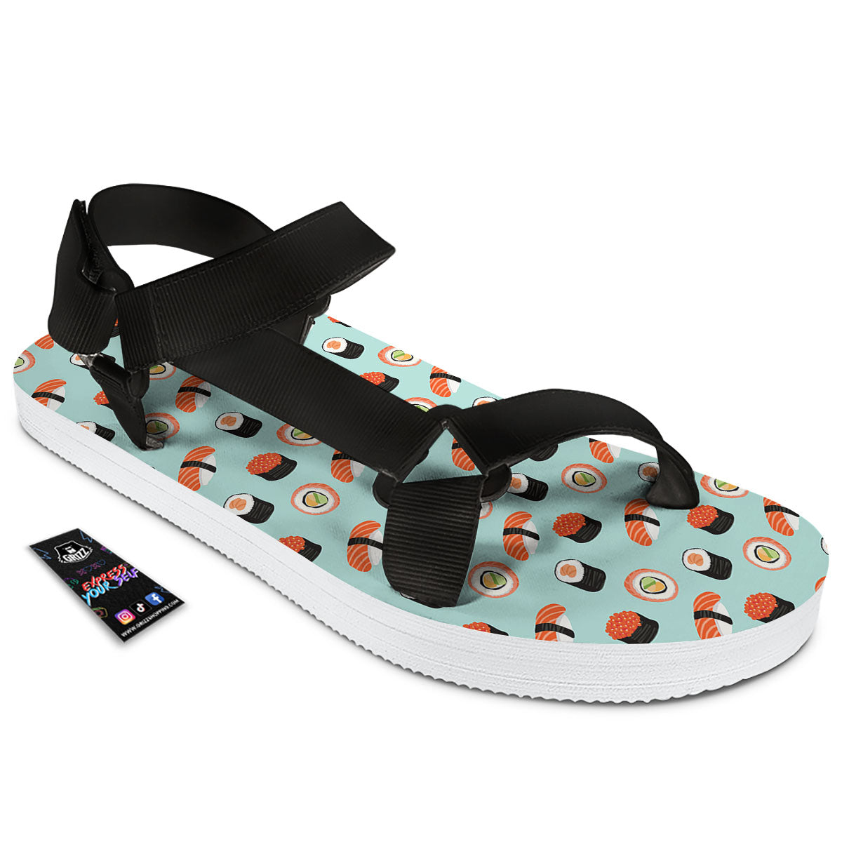 Rolls And Japanese Sushi Print Pattern Black Open Toe Sandals-grizzshop