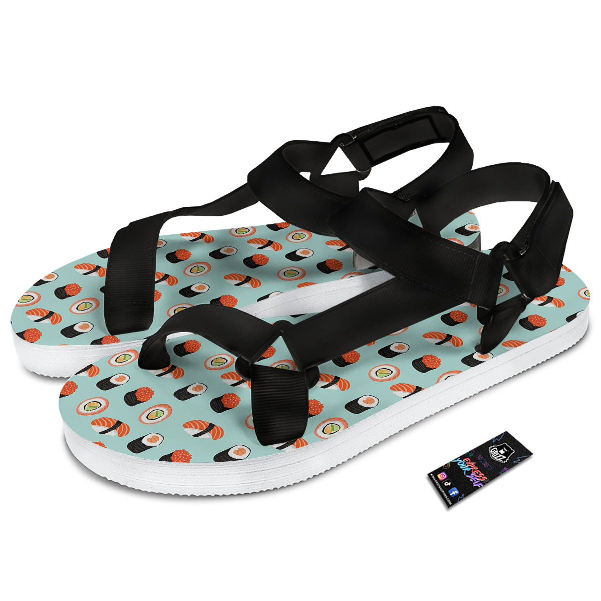 Rolls And Japanese Sushi Print Pattern Black Open Toe Sandals-grizzshop