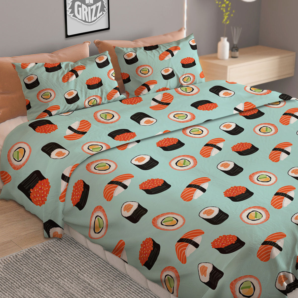 Rolls And Japanese Sushi Print Pattern Duvet Cover Bedding Set
