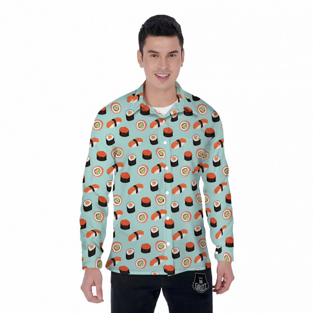 Rolls And Japanese Sushi Print Pattern Men's Long Sleeve Shirts-grizzshop