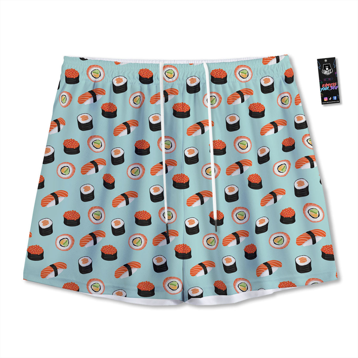 Rolls And Japanese Sushi Print Pattern Mesh Shorts